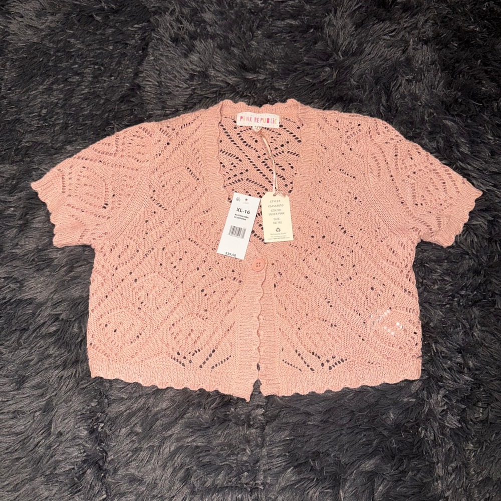 Pink Republic Short Sleeve Pointelle Knit Cardigan Silver Pink XL 16